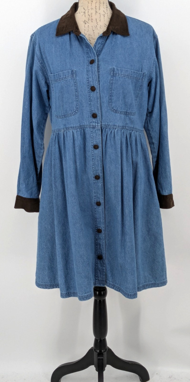 Western Dress SIZE 12 Blue/Brown Corduroy Collar/Cuffs/Buttons Cambridge Spirit